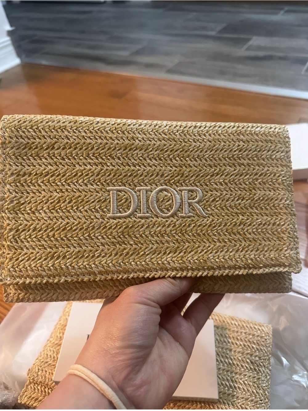 Dior Straw Clutch in Natural Beige with Embroidered Logo